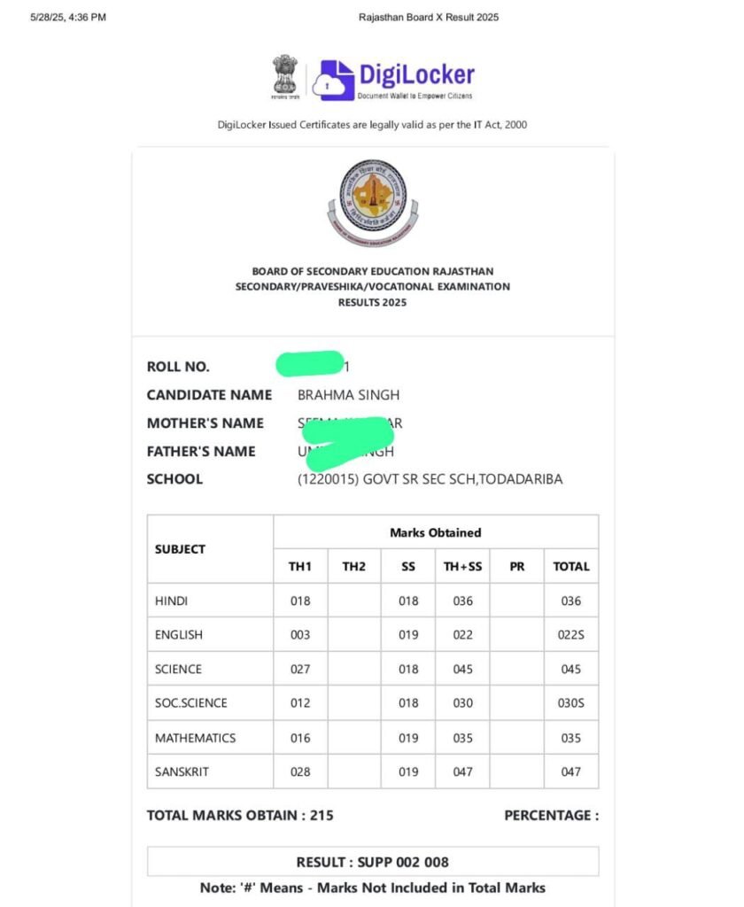 Rajasthan Board 10th Result 2025