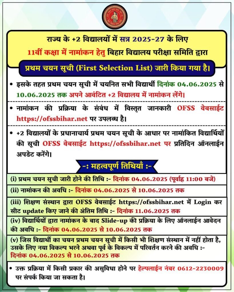 Bihar Board Inter 1st Merit List 2025 official Notice